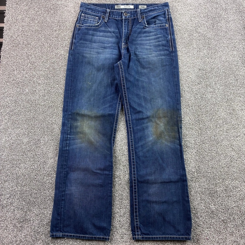 BKE Buckle Jeans Mens 34R Blue Tyler Boot Cut Western Whiskers White Stitching